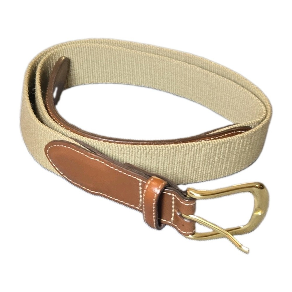VTG Torino Belt Mens 34 Khaki Canvas Web Brown Leather Brass Buckle Casual 6832
